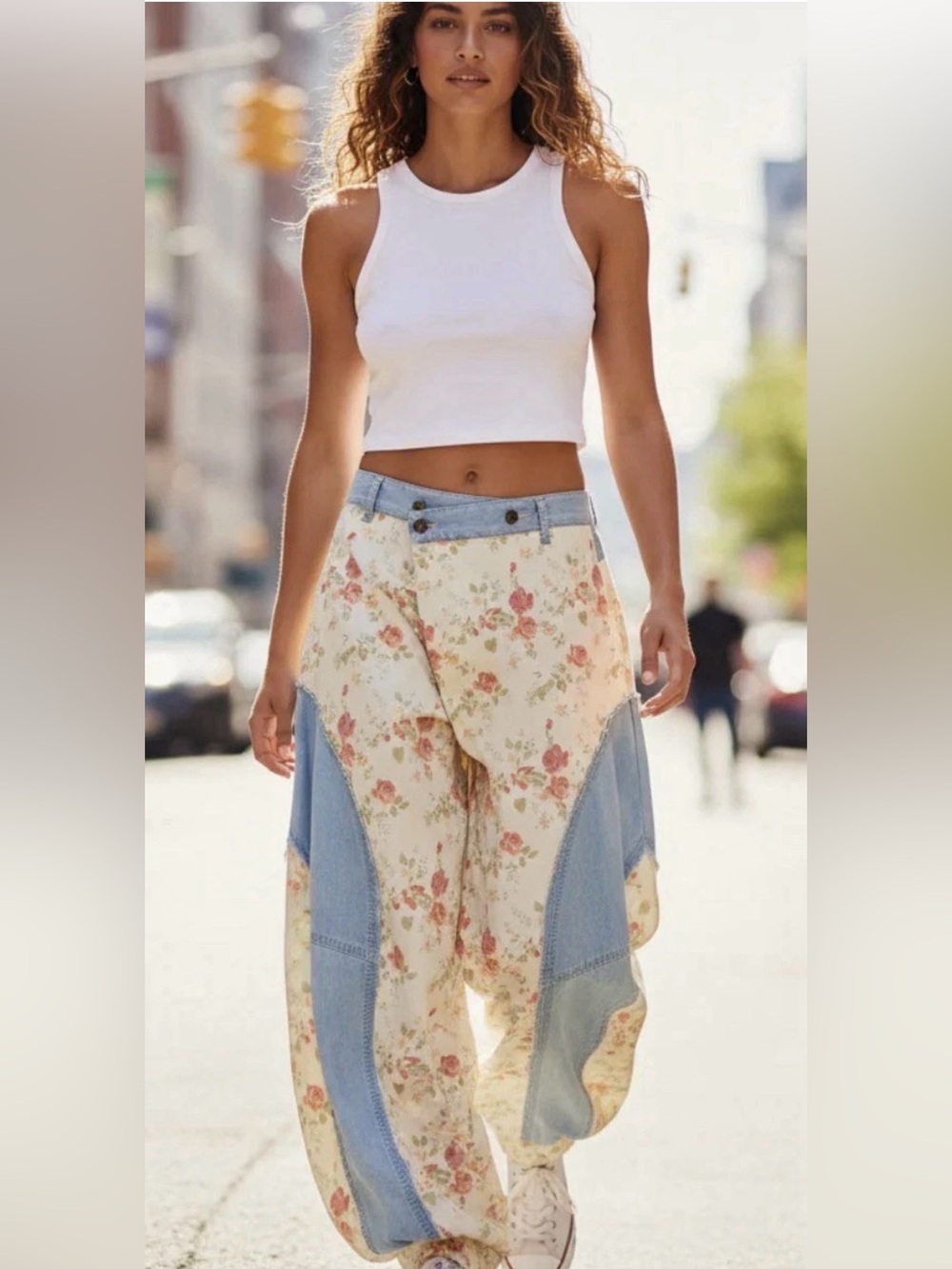 POL Floral Patchwork Wide-Leg Pants - Cream & Light Blue Size Medium